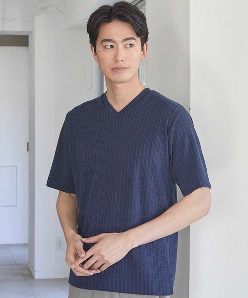 UNION STATION(ユニオンステーション)の「ツイストストライプJQDVネックT(Tシャツ/カットソー・メンズ・ホワイト/ネイビー/ブラック/スカイブルー・L/M/S/LL)」の4枚目の写真