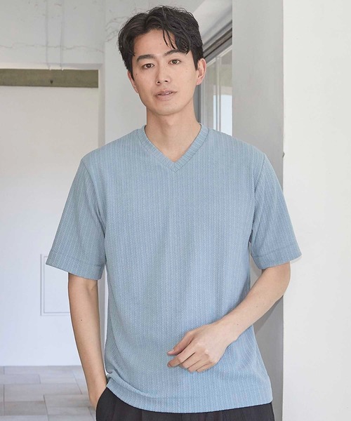 UNION STATION(ユニオンステーション)の「ツイストストライプJQDVネックT(Tシャツ/カットソー・メンズ・ホワイト/ネイビー/ブラック/スカイブルー・L/M/S/LL)」の3枚目の写真