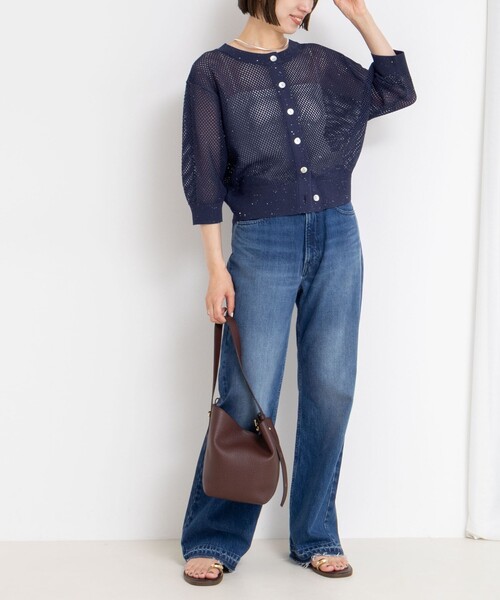 セール】《手洗い可能》スパンコールメッシュ5分袖カーディガン