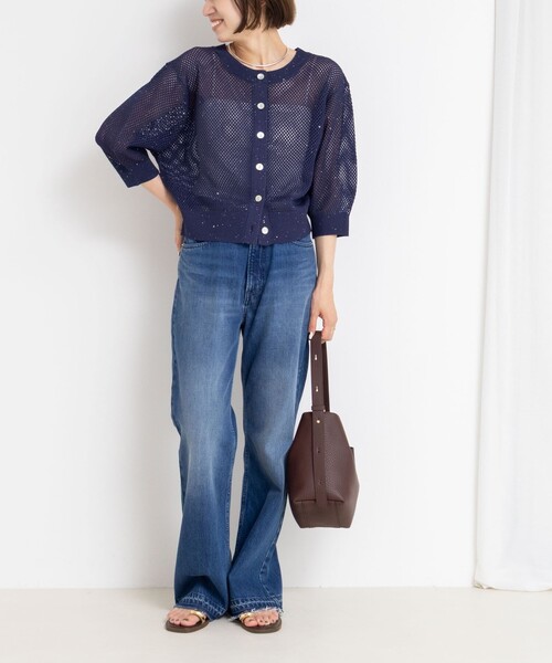 手洗い可能》スパンコールメッシュ5分袖カーディガン（カーディガン  