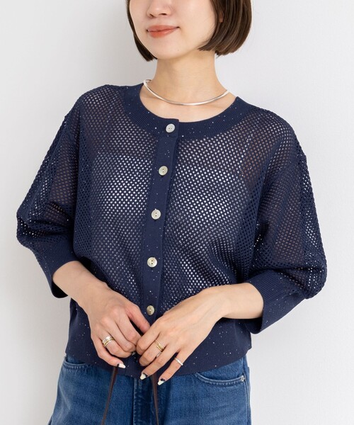新品タグ付きNOLLEY'S スパンコールメッシュ5分袖カーディガンノーリーズ セール】《手洗い可能》スパンコールメッシュ5分袖カーディガン