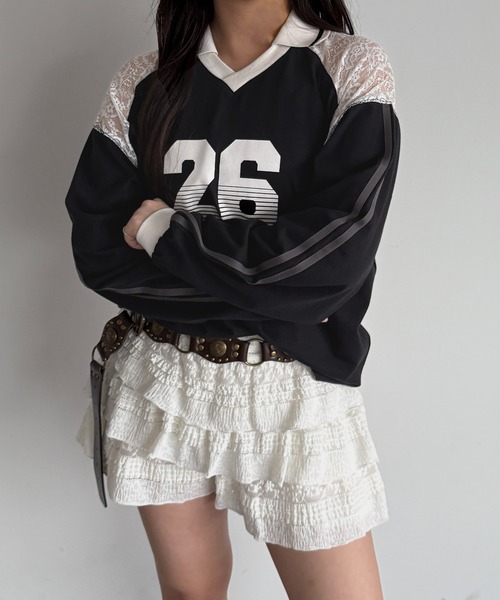 apres jour mignon(アプレジュールミニョン)の「レース切り替えユニフォームT【ZOZOTOWN限定アイテム】(Tシャツ/カットソー・レディース・ブラック/ライトブルー/ネイビー・フリー/X-LARGE)」の4枚目の写真