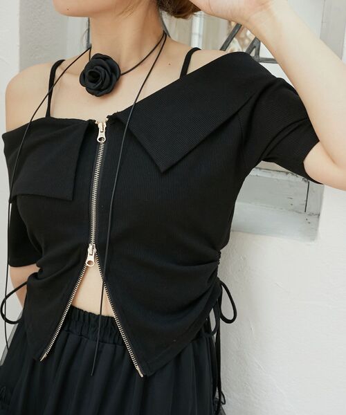 MAJESTIC LEGON（マジェスティックレゴン）の「オフショルダブルジップトップス（Tシャツ/カットソー・レディース・オートミール/グレー/ブラック・MEDIUM）」の2枚目の写真