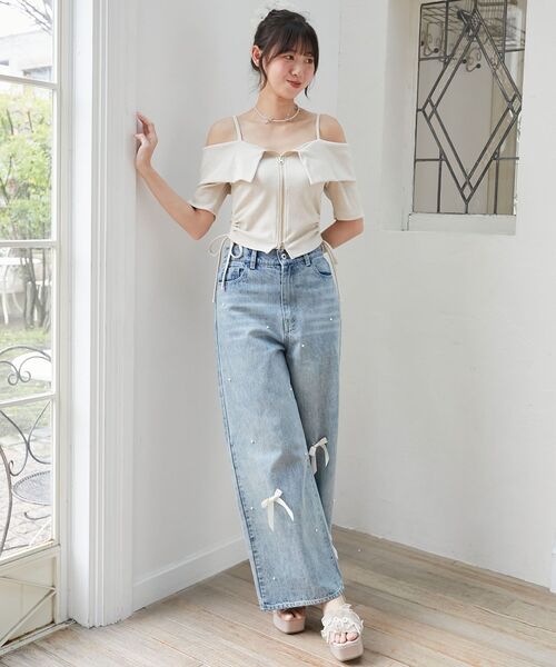 MAJESTIC LEGON（マジェスティックレゴン）の「オフショルダブルジップトップス（Tシャツ/カットソー・レディース・オートミール/グレー/ブラック・MEDIUM）」の4枚目の写真