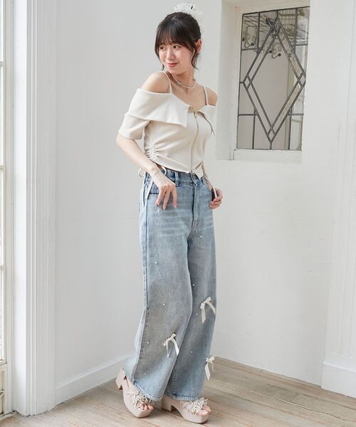 MAJESTIC LEGON（マジェスティックレゴン）の「オフショルダブルジップトップス（Tシャツ/カットソー・レディース・オートミール/グレー/ブラック・MEDIUM）」の5枚目の写真