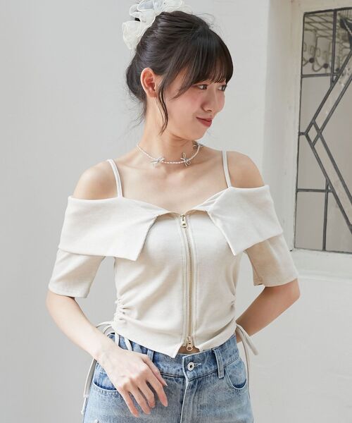 MAJESTIC LEGON（マジェスティックレゴン）の「オフショルダブルジップトップス（Tシャツ/カットソー・レディース・オートミール/グレー/ブラック・MEDIUM）」の7枚目の写真