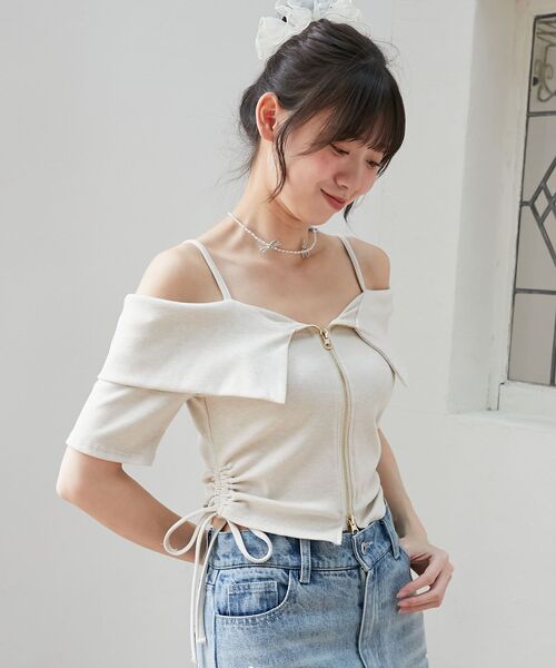 MAJESTIC LEGON（マジェスティックレゴン）の「オフショルダブルジップトップス（Tシャツ/カットソー・レディース・オートミール/グレー/ブラック・MEDIUM）」の8枚目の写真