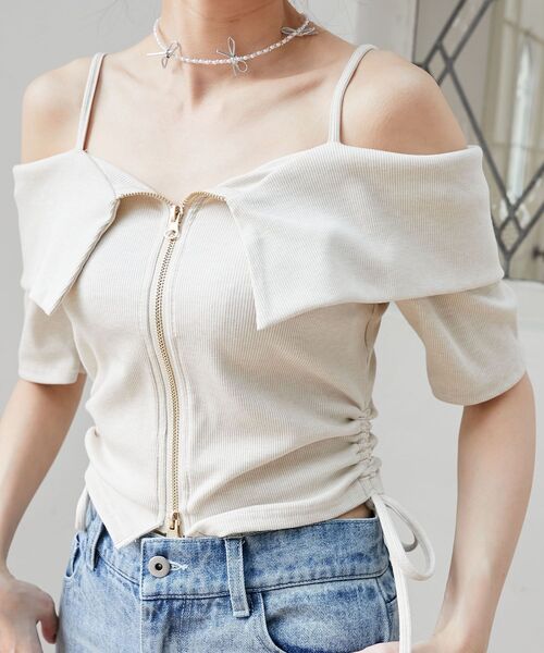 MAJESTIC LEGON（マジェスティックレゴン）の「オフショルダブルジップトップス（Tシャツ/カットソー・レディース・オートミール/グレー/ブラック・MEDIUM）」の10枚目の写真