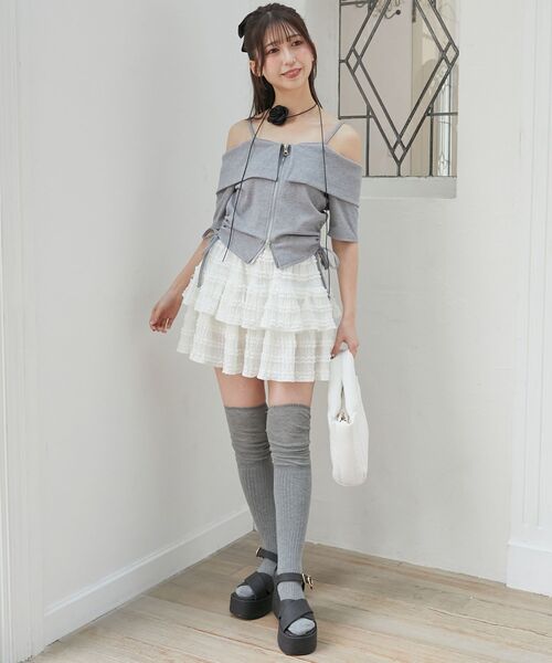 MAJESTIC LEGON（マジェスティックレゴン）の「オフショルダブルジップトップス（Tシャツ/カットソー・レディース・オートミール/グレー/ブラック・MEDIUM）」の12枚目の写真