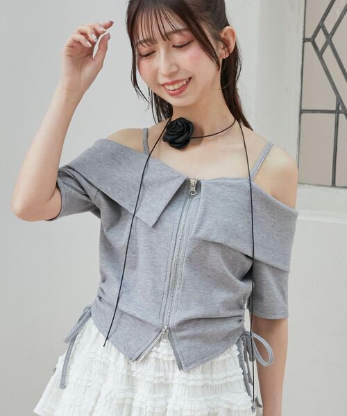 MAJESTIC LEGON（マジェスティックレゴン）の「オフショルダブルジップトップス（Tシャツ/カットソー・レディース・オートミール/グレー/ブラック・MEDIUM）」の14枚目の写真