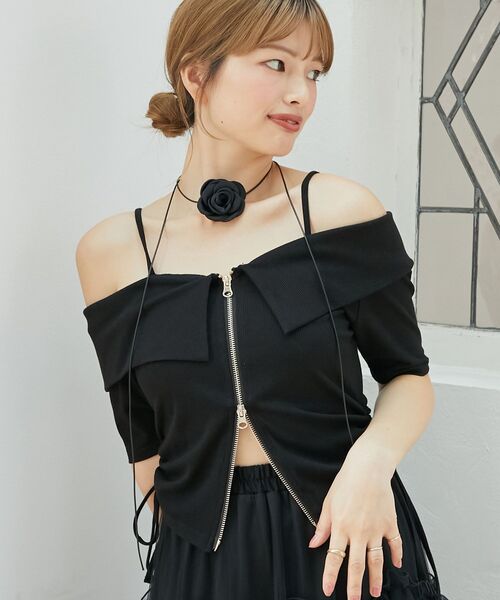 MAJESTIC LEGON（マジェスティックレゴン）の「オフショルダブルジップトップス（Tシャツ/カットソー・レディース・オートミール/グレー/ブラック・MEDIUM）」の21枚目の写真