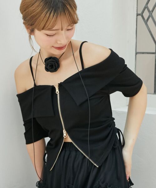 MAJESTIC LEGON（マジェスティックレゴン）の「オフショルダブルジップトップス（Tシャツ/カットソー・レディース・オートミール/グレー/ブラック・MEDIUM）」の22枚目の写真