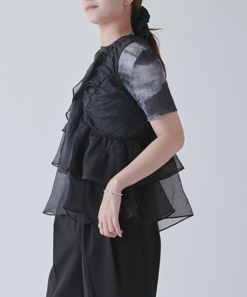 Lui's（ルイス）の「フリルギャザーシアートップス（Tシャツ/カットソー・レディース・ホワイト/ブラック/ピンク・FREE）」の5枚目の写真