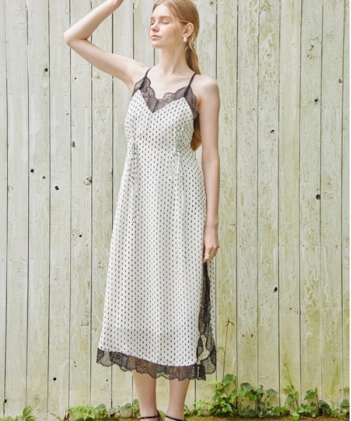 セール】Print shiffon lace trim Cami Long one-piece プリント