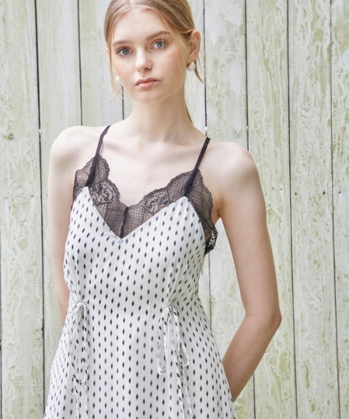 セール】Print shiffon lace trim Cami Long one-piece プリント