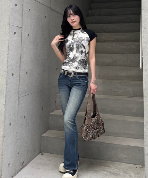 semantic design スタッズ デニムパンツ　ローライズ セール】buckle design denim pants / バックルデザイン デニム