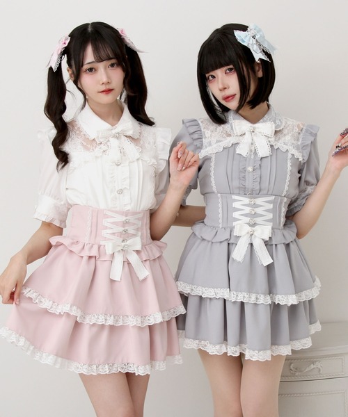 DearMyLove(ディアマイラブ)の「キラキラビジューハートフリルスカート(スカート・レディース・ブルーグレー/ブラック/ホワイト×ピンク/ブラック×ピンク/チェック・SMALL/MEDIUM/LARGE/LL/3L)」の6枚目の写真