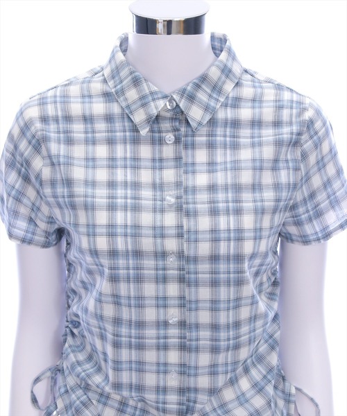 clear（クリア）の「サイドドロスト半袖チェックシャツ[着回し抜群 大人 カジュアル Y2Kライク]≪SS新作≫（シャツ/ブラウス・レディース・サックスブルー/ベージュ・F）」の7枚目の写真
