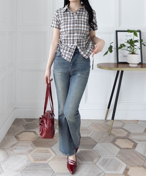 clear（クリア）の「サイドドロスト半袖チェックシャツ[着回し抜群 大人 カジュアル Y2Kライク]≪SS新作≫（シャツ/ブラウス・レディース・サックスブルー/ベージュ・F）」の12枚目の写真