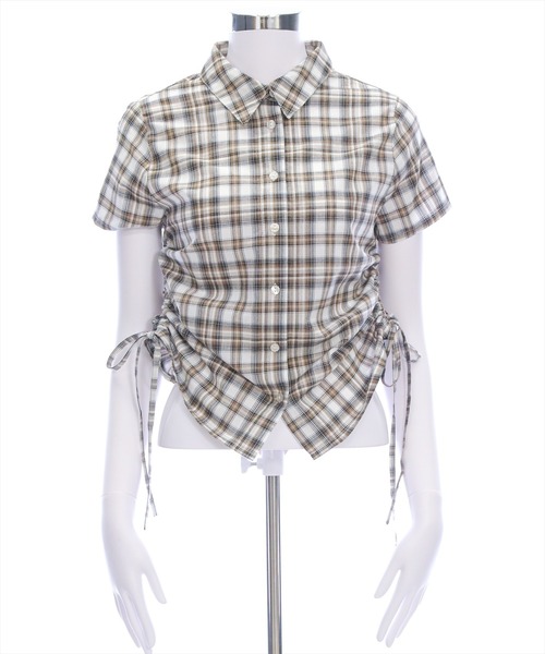 clear（クリア）の「サイドドロスト半袖チェックシャツ[着回し抜群 大人 カジュアル Y2Kライク]≪SS新作≫（シャツ/ブラウス・レディース・サックスブルー/ベージュ・F）」の10枚目の写真