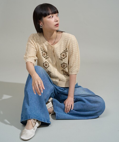 セール】透かし編み ビーズ刺繍 サマーニット カーディガン