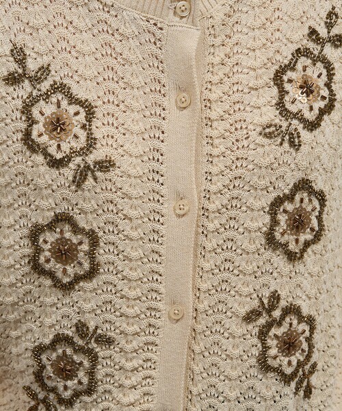 セール】透かし編み ビーズ刺繍 サマーニット カーディガン/ 半袖