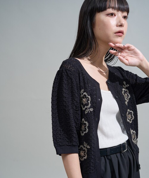 セール】透かし編み ビーズ刺繍 サマーニット カーディガン/ 半袖