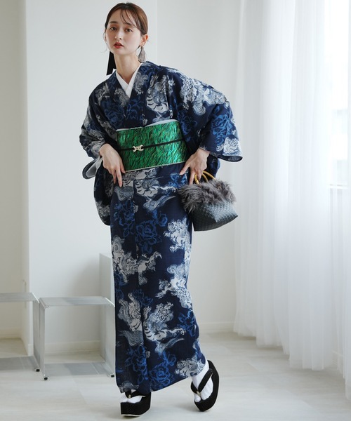 単衣フルセット　作家物　唐獅子 utatane（ウタタネ）の「着物 単衣 ニコアンティーク 唐獅子 ネイビー
