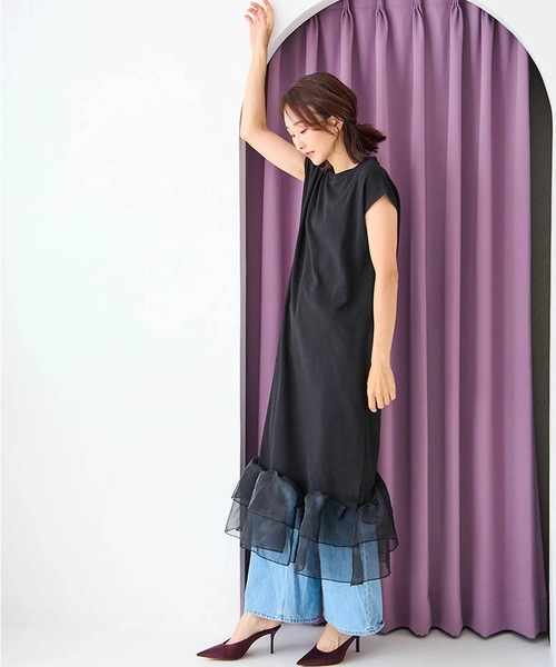 M y u(ミュー)の「裾シアーフリル ストレッチワンピース(ワンピース・レディース・ブラック系1/ホワイト系1/ホワイト系2/ブラック系2・FREE)」の7枚目の写真