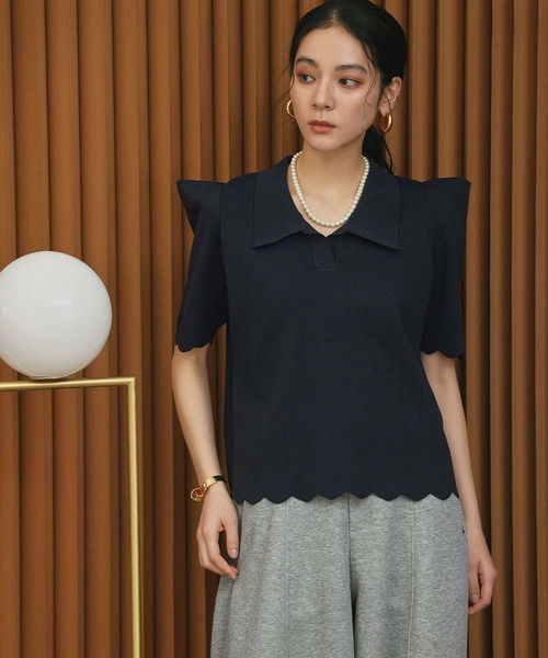 ELFRANK(エルフランク)の「スカラップ パワーショルダー 半袖 ポロニット 襟付き(ニット/セーター・レディース・ネイビー/チャコールグレー/オフホワイト・FREE)」の11枚目の写真