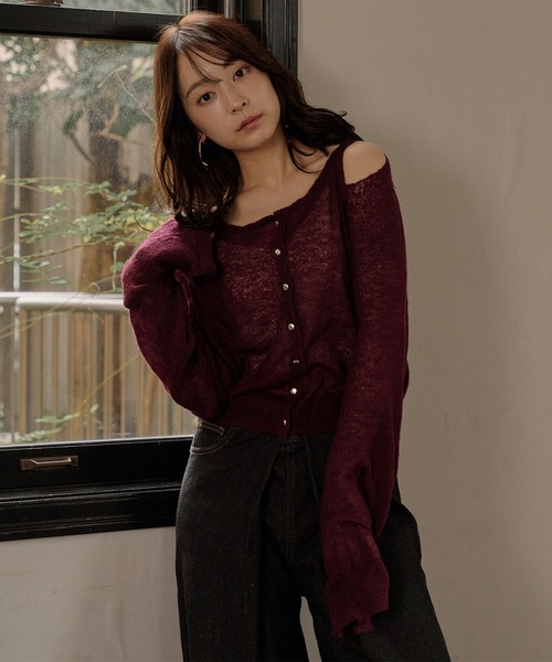 2way sleeve sheer knit cardigan / 2wayスリーブシアーニット