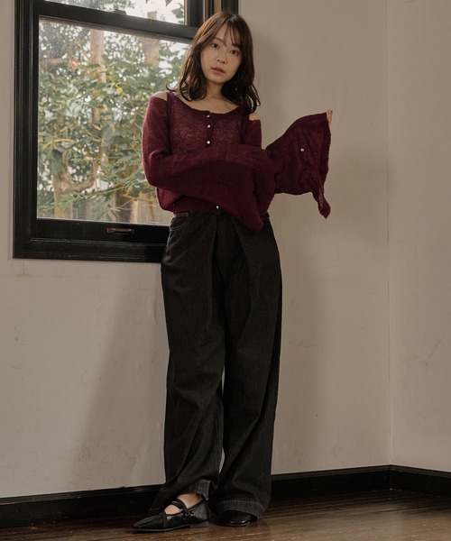 mideal（マイディール）の「2way sleeve sheer knit cardigan / 2wayスリーブシアーニットカーディガン（カーディガン/ボレロ・レディース・ボルドー/アイボリー・FREE）」の6枚目の写真