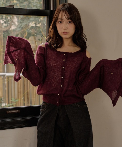 mideal（マイディール）の「2way sleeve sheer knit cardigan / 2wayスリーブシアーニットカーディガン（カーディガン/ボレロ・レディース・ボルドー/アイボリー・FREE）」の7枚目の写真