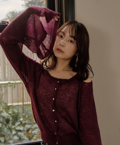 mideal（マイディール）の「2way sleeve sheer knit cardigan / 2wayスリーブシアーニットカーディガン（カーディガン/ボレロ・レディース・ボルドー/アイボリー・FREE）」の8枚目の写真