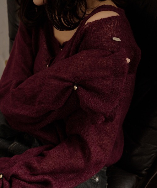 mideal（マイディール）の「2way sleeve sheer knit cardigan / 2wayスリーブシアーニットカーディガン（カーディガン/ボレロ・レディース・ボルドー/アイボリー・FREE）」の12枚目の写真