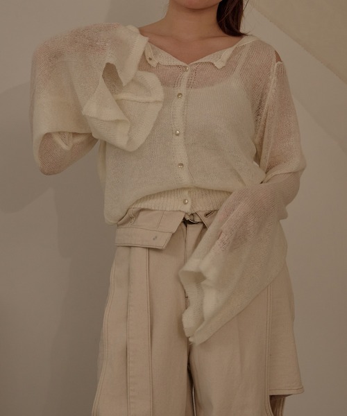 mideal（マイディール）の「2way sleeve sheer knit cardigan / 2wayスリーブシアーニットカーディガン（カーディガン/ボレロ・レディース・ボルドー/アイボリー・FREE）」の14枚目の写真