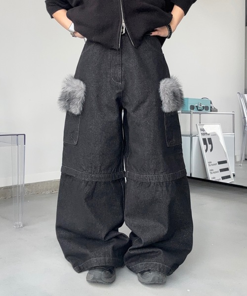 MandO(Auntie Rosa)(エムオー)の「4WAYファーヴィンテージデニムデタッチャブルパンツ/ハーフパンツ変更可(デニムパンツ・メンズ・ブラック/ダークブラック・MEDIUM/SMALL/LARGE)」の7枚目の写真