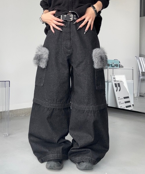 MandO(Auntie Rosa)(エムオー)の「4WAYファーヴィンテージデニムデタッチャブルパンツ/ハーフパンツ変更可(デニムパンツ・メンズ・ブラック/ダークブラック・MEDIUM/SMALL/LARGE)」の6枚目の写真