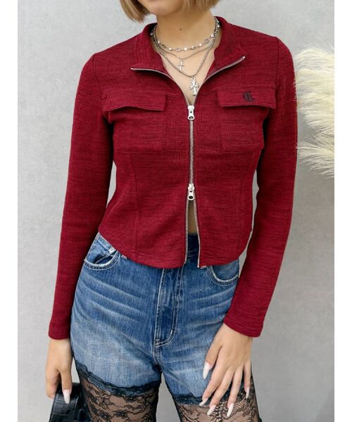 EVRIS（エヴリス）の「ワンポイントフロントジップポケットリブトップス（Tシャツ/カットソー・レディース・ブラック/グレー/レッド・FREE）」の3枚目の写真