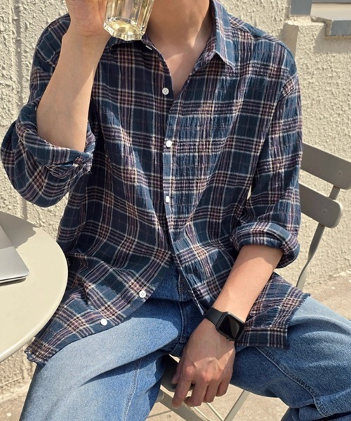 NOWLE（ノウル）の「【NOWLE】シアサッカー マルチチェック カジュアルシャツ（シャツ/ブラウス・メンズ・ネイビー/グリーン・MEDIUM/LARGE/X-LARGE）」の2枚目の写真