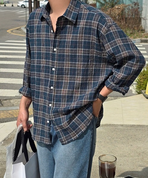 NOWLE（ノウル）の「【NOWLE】シアサッカー マルチチェック カジュアルシャツ（シャツ/ブラウス・メンズ・ネイビー/グリーン・MEDIUM/LARGE/X-LARGE）」の3枚目の写真