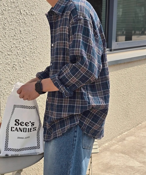 NOWLE（ノウル）の「【NOWLE】シアサッカー マルチチェック カジュアルシャツ（シャツ/ブラウス・メンズ・ネイビー/グリーン・MEDIUM/LARGE/X-LARGE）」の5枚目の写真