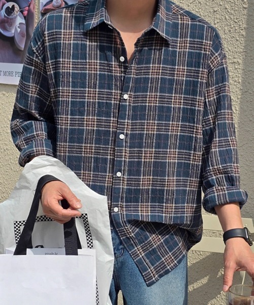 NOWLE（ノウル）の「【NOWLE】シアサッカー マルチチェック カジュアルシャツ（シャツ/ブラウス・メンズ・ネイビー/グリーン・MEDIUM/LARGE/X-LARGE）」の6枚目の写真