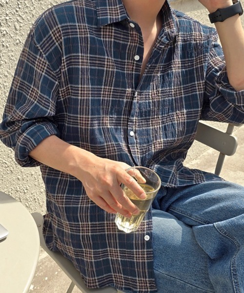 NOWLE（ノウル）の「【NOWLE】シアサッカー マルチチェック カジュアルシャツ（シャツ/ブラウス・メンズ・ネイビー/グリーン・MEDIUM/LARGE/X-LARGE）」の7枚目の写真