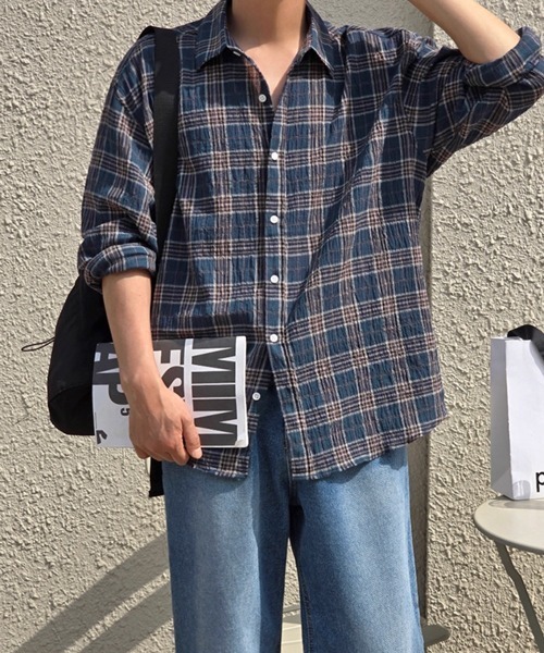 NOWLE（ノウル）の「【NOWLE】シアサッカー マルチチェック カジュアルシャツ（シャツ/ブラウス・メンズ・ネイビー/グリーン・MEDIUM/LARGE/X-LARGE）」の9枚目の写真