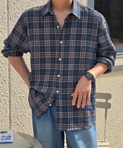 NOWLE（ノウル）の「【NOWLE】シアサッカー マルチチェック カジュアルシャツ（シャツ/ブラウス・メンズ・ネイビー/グリーン・MEDIUM/LARGE/X-LARGE）」の10枚目の写真