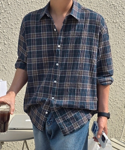 NOWLE（ノウル）の「【NOWLE】シアサッカー マルチチェック カジュアルシャツ（シャツ/ブラウス・メンズ・ネイビー/グリーン・MEDIUM/LARGE/X-LARGE）」の11枚目の写真