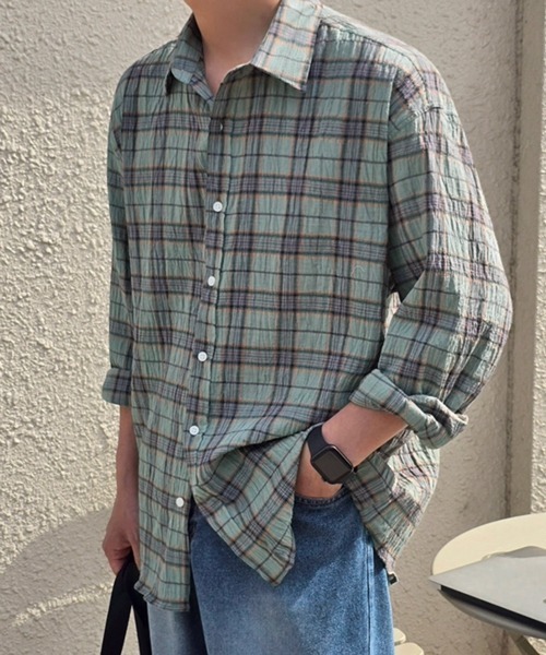 NOWLE（ノウル）の「【NOWLE】シアサッカー マルチチェック カジュアルシャツ（シャツ/ブラウス・メンズ・ネイビー/グリーン・MEDIUM/LARGE/X-LARGE）」の18枚目の写真