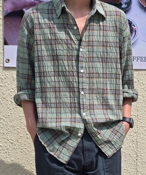 NOWLE（ノウル）の「【NOWLE】シアサッカー マルチチェック カジュアルシャツ（シャツ/ブラウス・メンズ・ネイビー/グリーン・MEDIUM/LARGE/X-LARGE）」の17枚目の写真