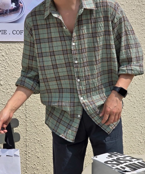 NOWLE（ノウル）の「【NOWLE】シアサッカー マルチチェック カジュアルシャツ（シャツ/ブラウス・メンズ・ネイビー/グリーン・MEDIUM/LARGE/X-LARGE）」の22枚目の写真